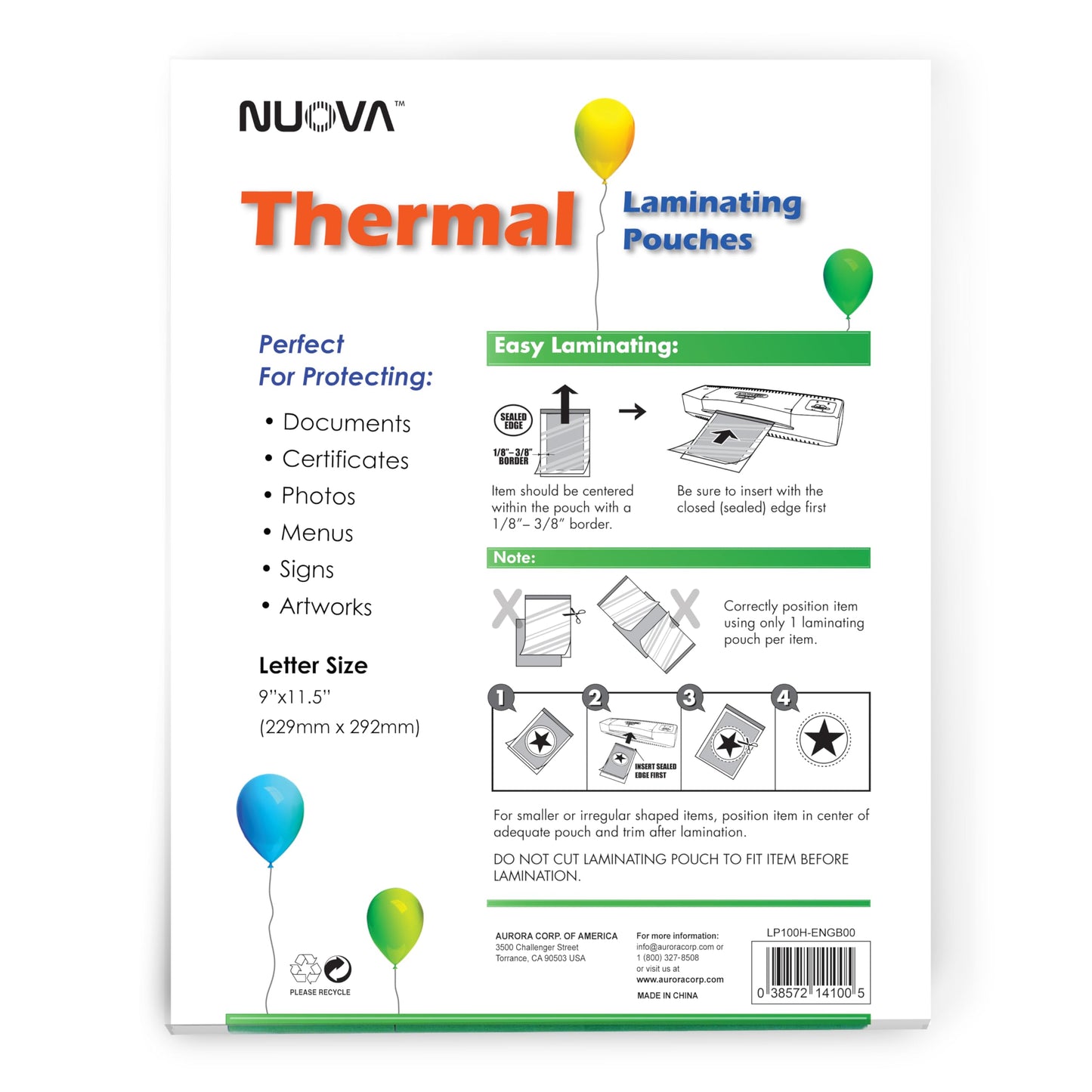 Nuova Premium Thermal Laminating Pouches 9" x 11.5", Letter Size, 3 mil, 100 Pack (LP100H)