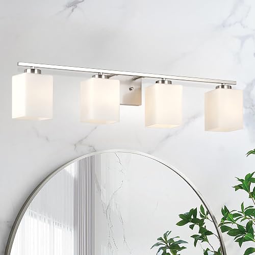 Edvivi Bathroom Light Fixtures, 4-Light Modern Brushed Nickel Vanity Light Over Mirror, Wall Sconces with Square White Glass Shades for Living Room