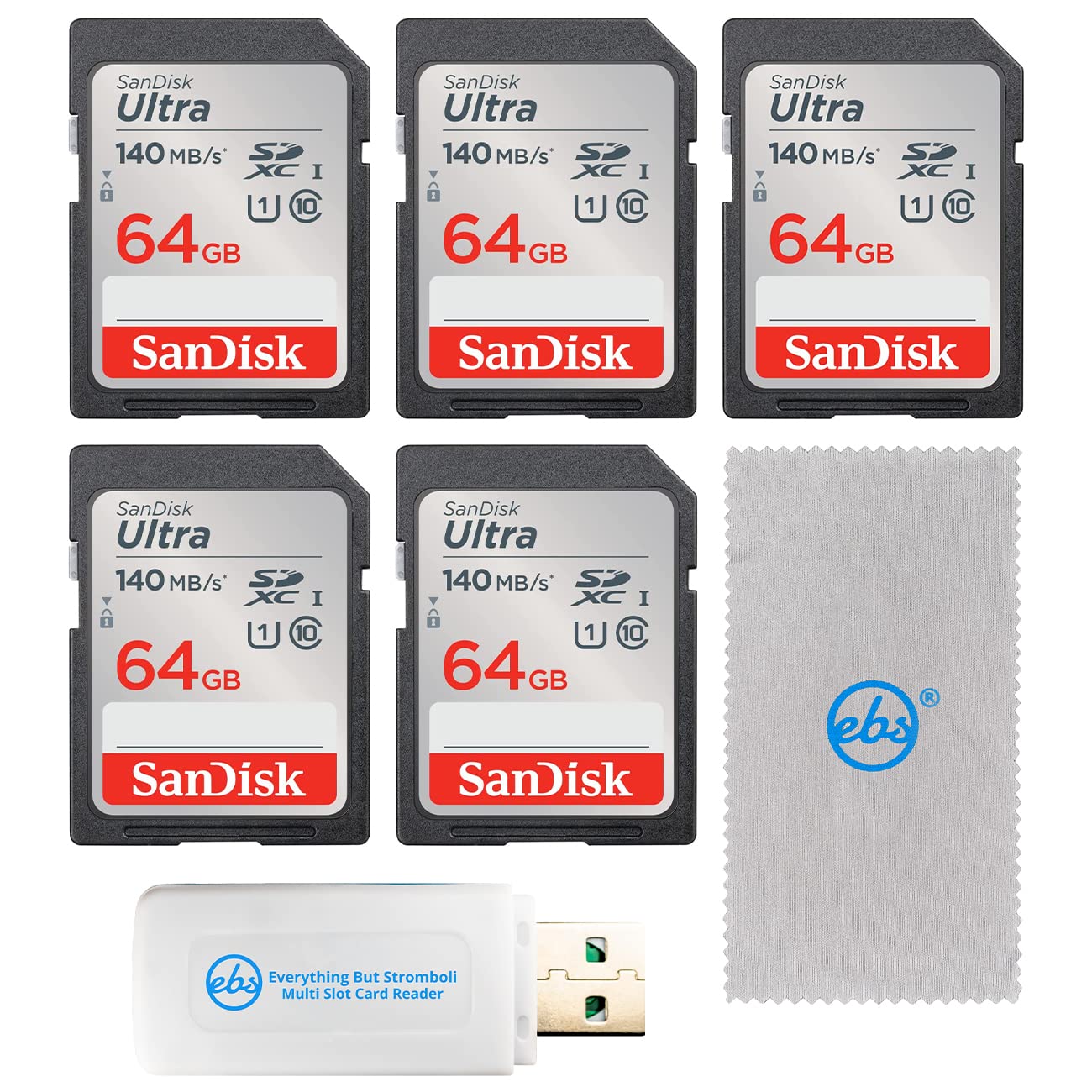 SanDisk 64GB SD Card 5 Pack SD Ultra UHS-I Class 10 (SDSDUNB-064G-GN6IN) Bundle with (1) Everything But Stromboli SDXC & MicroSD Memory Card Reader