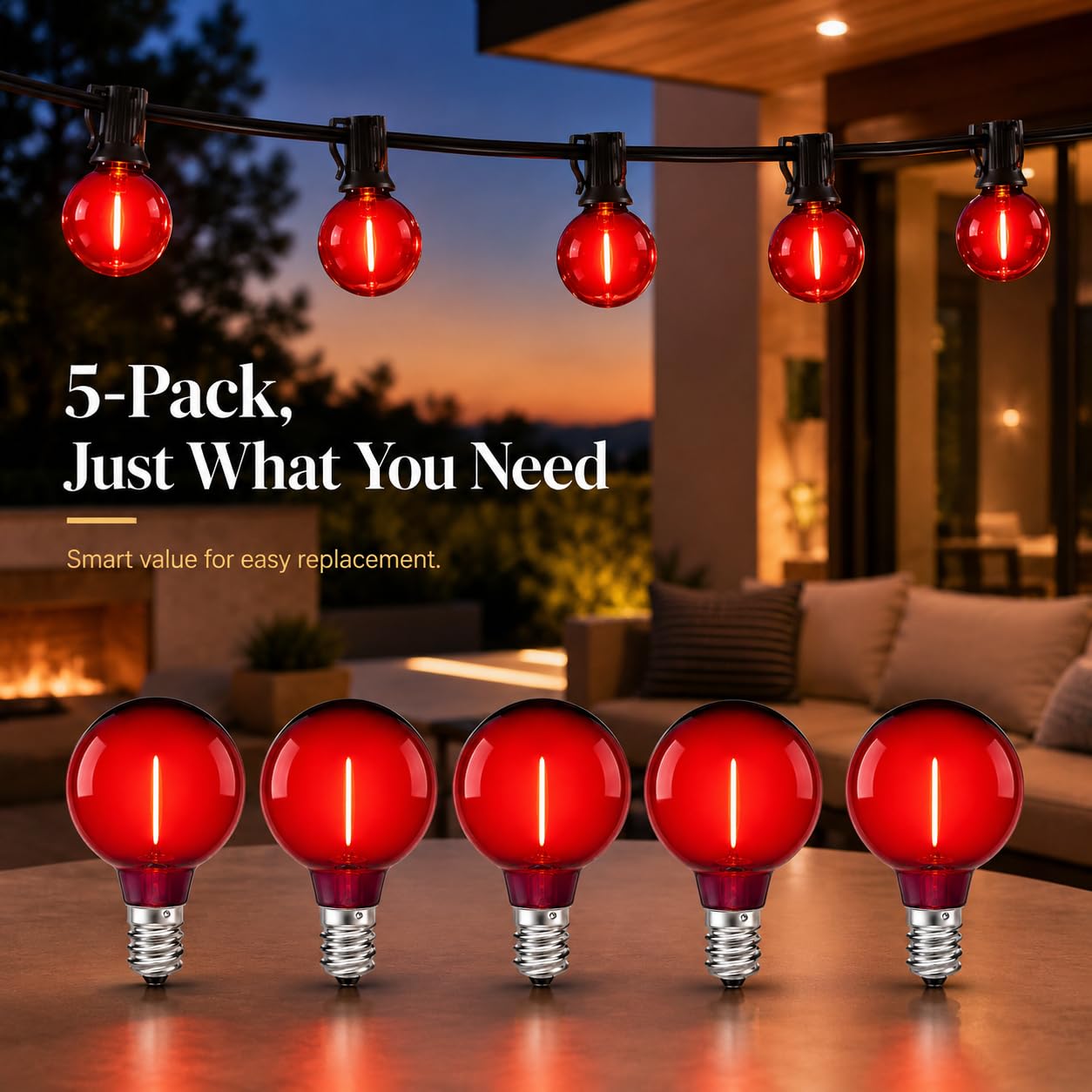 NICONIK G40 Red LED Replacement Bulbs, E12 Candelabra Base, 5 Pack