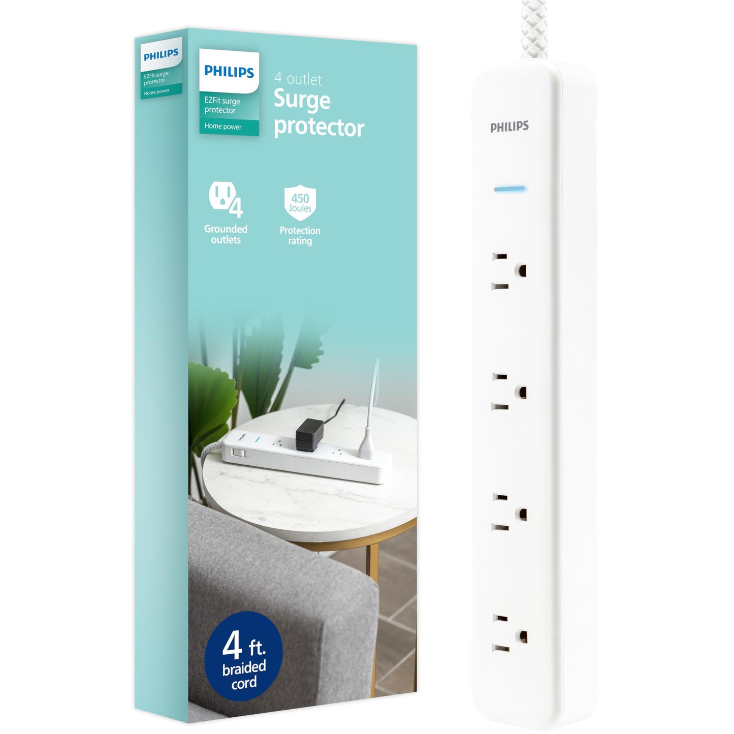 Philips 4-Outlet Surge Protector Power Strip, 4 Ft Braided Extension Cord, Multi Plug Outlet Extender, Adapter-Spaced, 450 Joules, White, SPP3563W/37