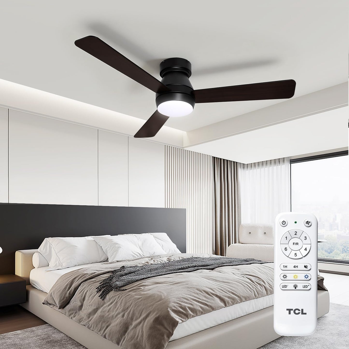 TCL 42 Inch Low Profile Ceiling Fan with Light & Remote for Bedroom, Black