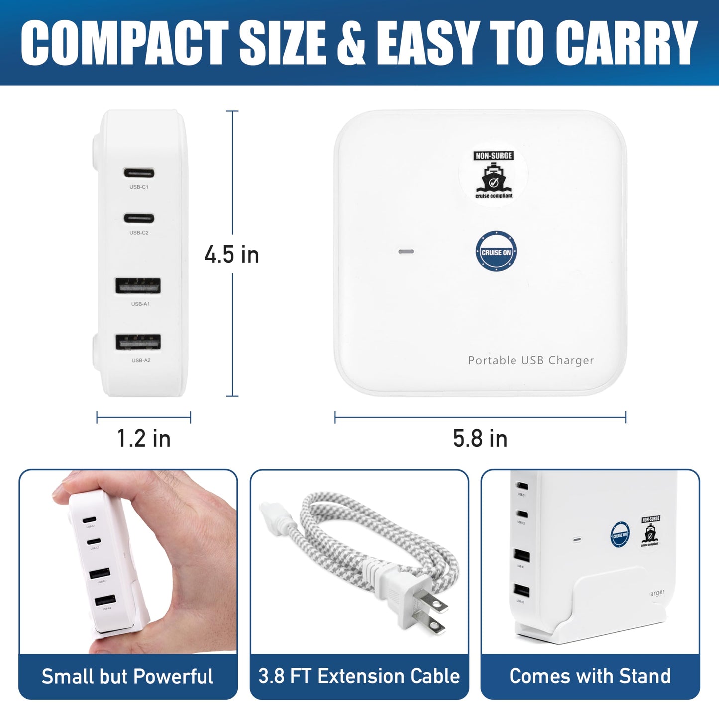 Cruise Approved Power Strip (incl Royal Caribbean, Disney, MSC, Celebrity) - Non Surge USB Charger [2 USB, 2 USB-C] 4 Port Charging, 3.8ft Cord