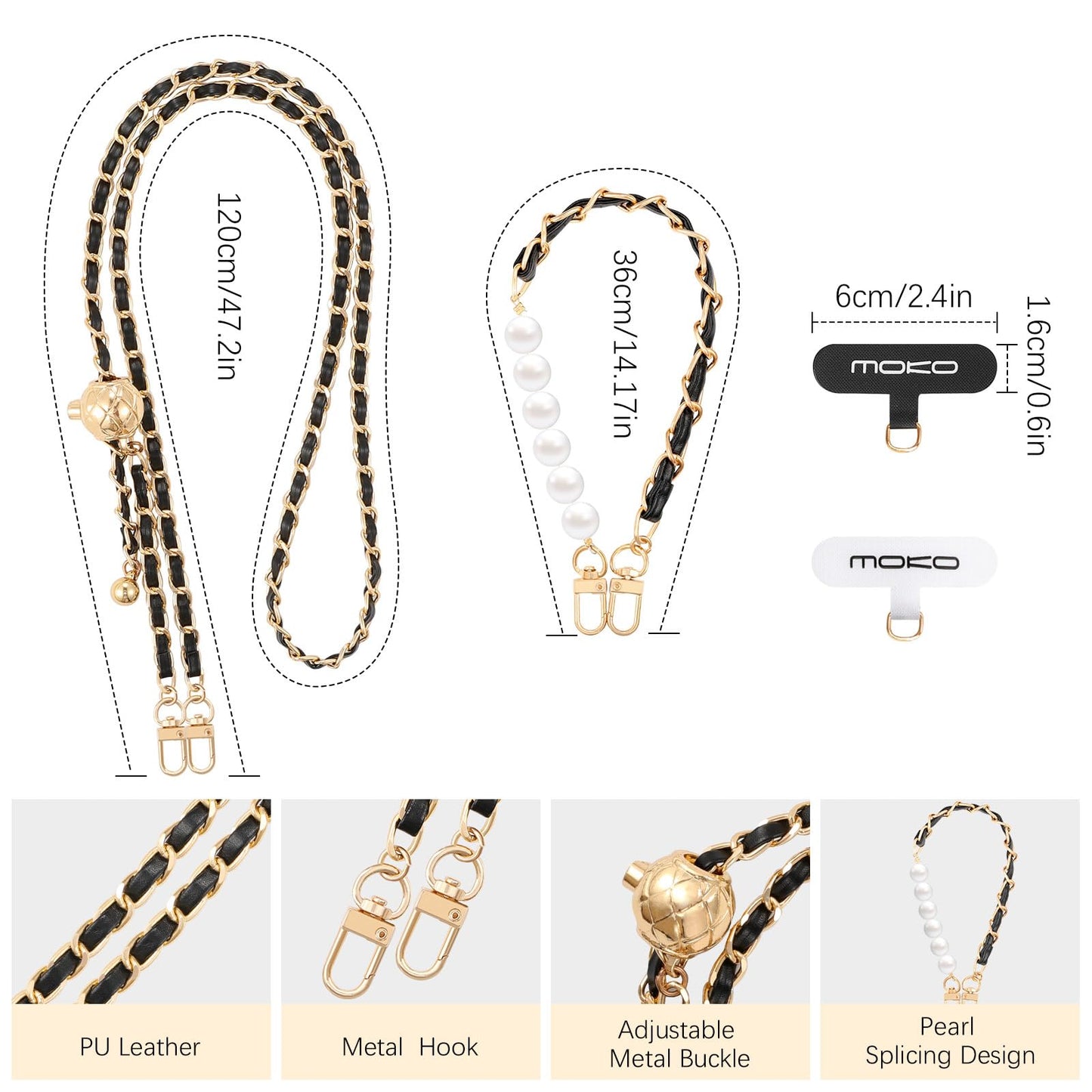 MoKo Phone Lanyard Crossbody, Universal Phone Chain for iPhone, Samsung, Most Smartphones, Neck Strap × 1, Beaded Wrist Strap x 1, Patches × 2, Black