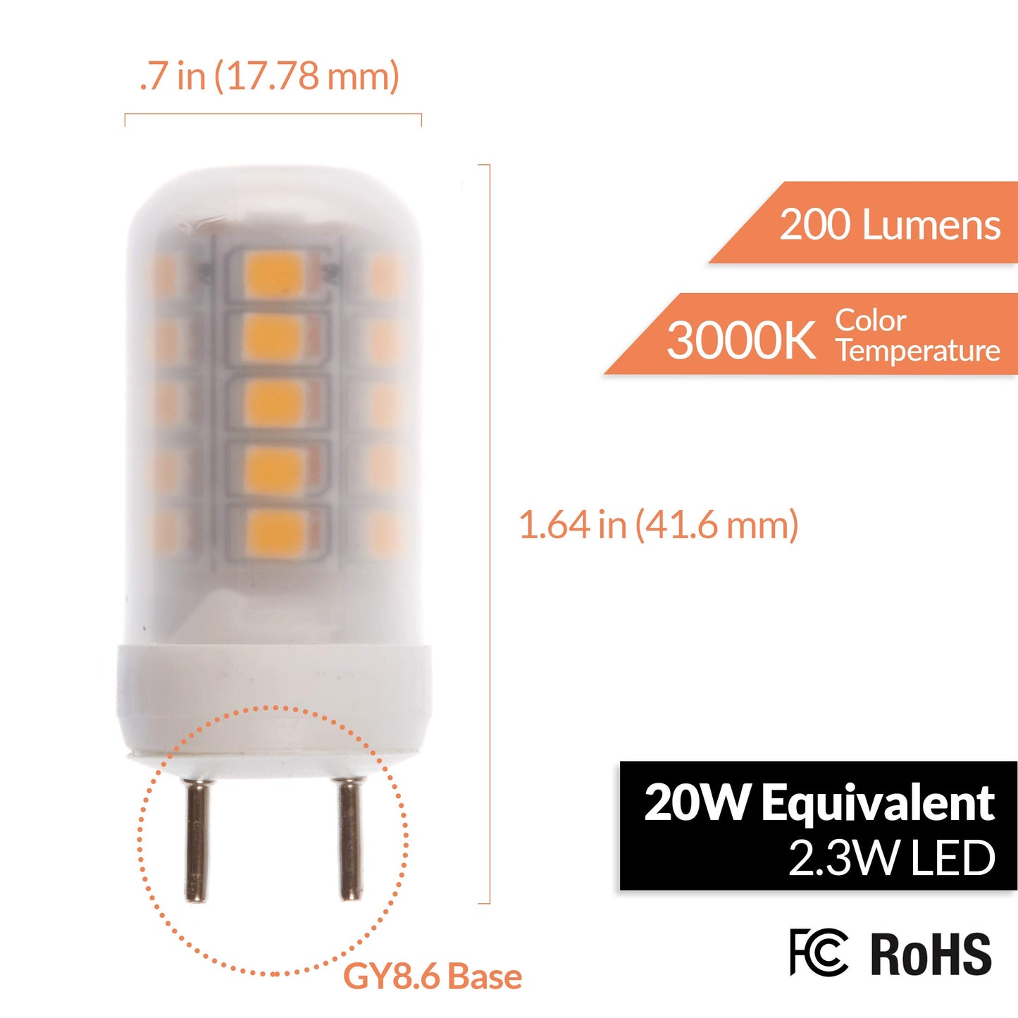 Newhouse Lighting 2.3W (20W Equiv.) GY8.6 LED Bulb Halogen Replacement Lights, 120V, 3000K, 200 Lumens, 4-Pack