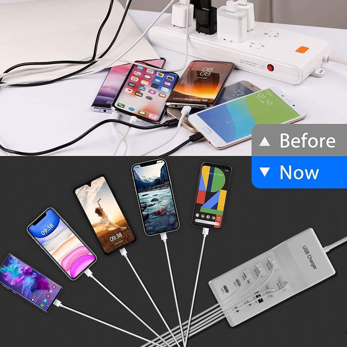 USB C Charger, 50W 10 Ports USB C Charging Station, USB C Charger Block, USB Charger Multiple Devices, USB Power Plug Desktop Charger Hub, USB Wall