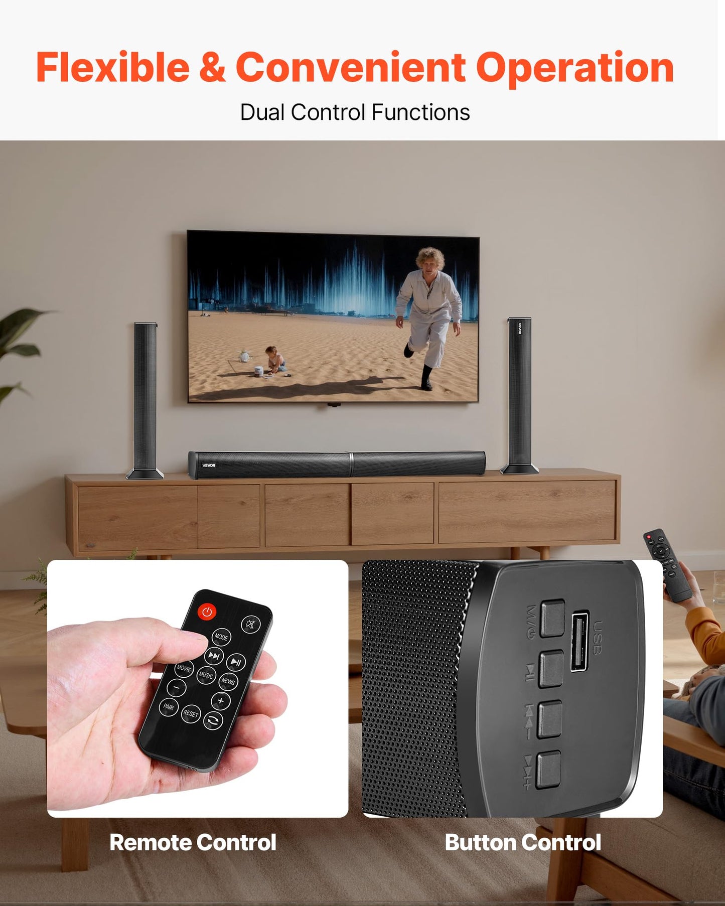 VEVOR Sound Bar for Smart TV, 2.0 Channel, 32-Inch 2 in 1 Detachable Soundbar TV Speakers, with Bluetooth HDMI AUX USB Connection, Remote Control, 80W