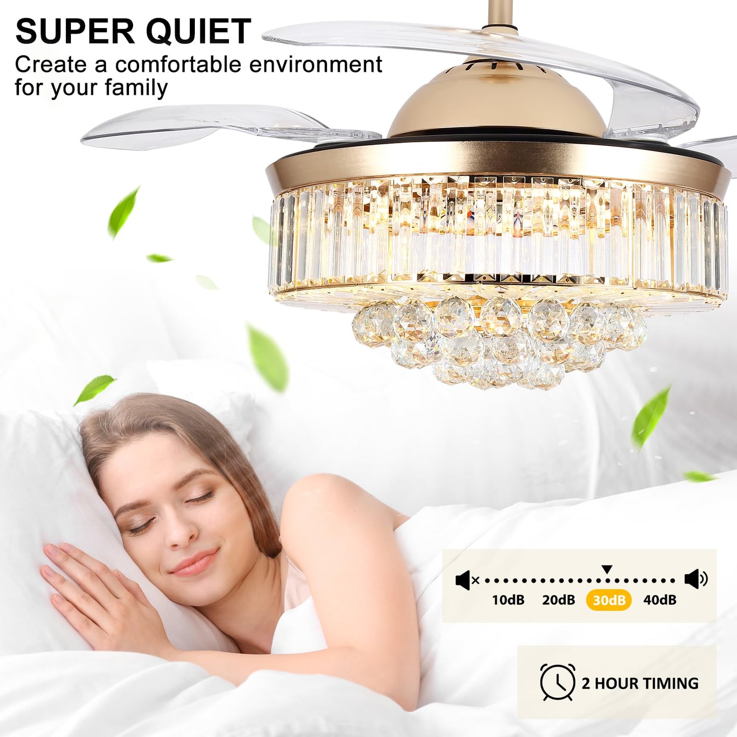 Bavnnro 42'' Fandelier Ceiling Fans with Light, Gold Retractable Crystal Chandelier Fan, Reversible, Remote Control, Dimmable Ceiling Light Kits