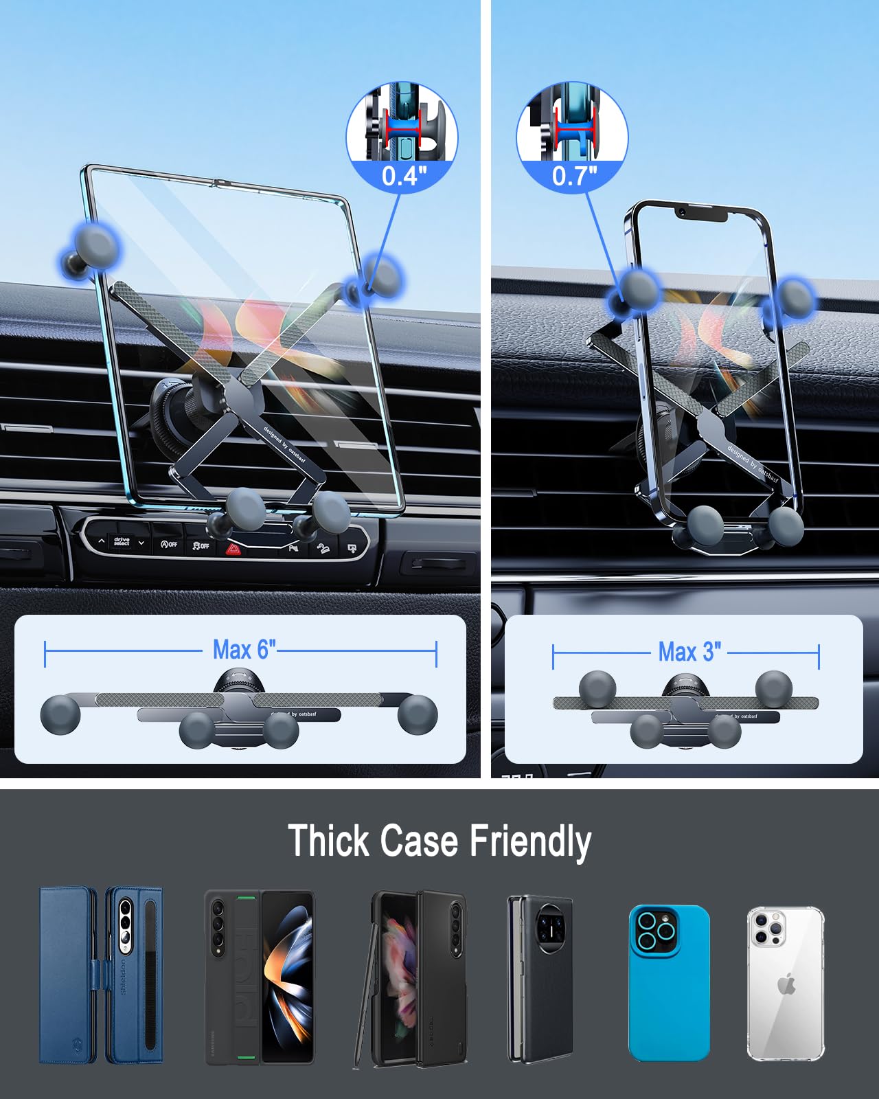 xuenair Z Fold 4 Car Mount, [2 Forms & Thick Case Friendly] Gravity Cell Phone Holder Mount for Samasung Galaxy Fold 7 6 5 4 3 2 Accessories Google