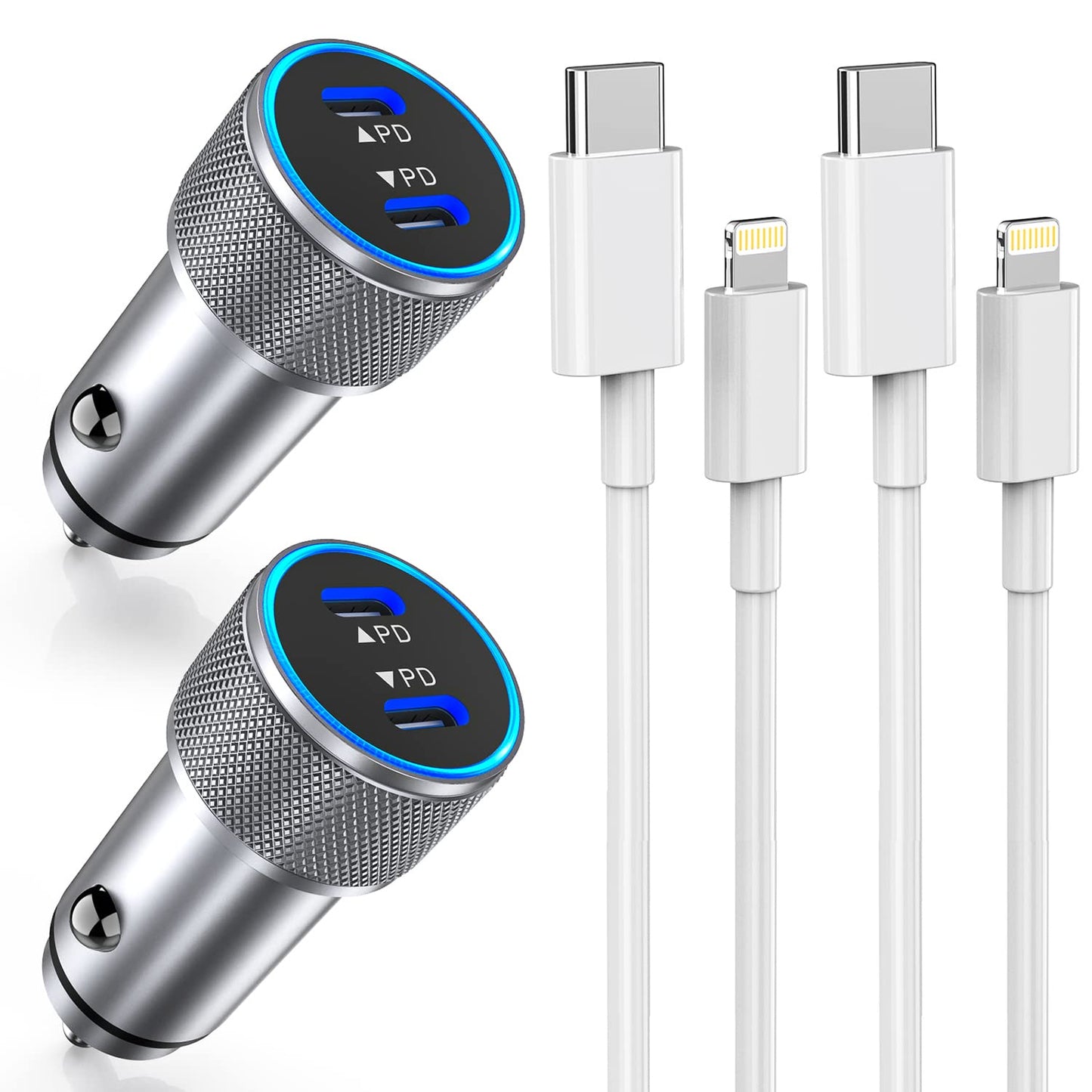 iPhone Fast Car Charger,2Pack Dual Port USB C Car Charger[MFI Certified]Power Delivery Car Adapter with 2Pack Lightning Cable Type C Rapid Car