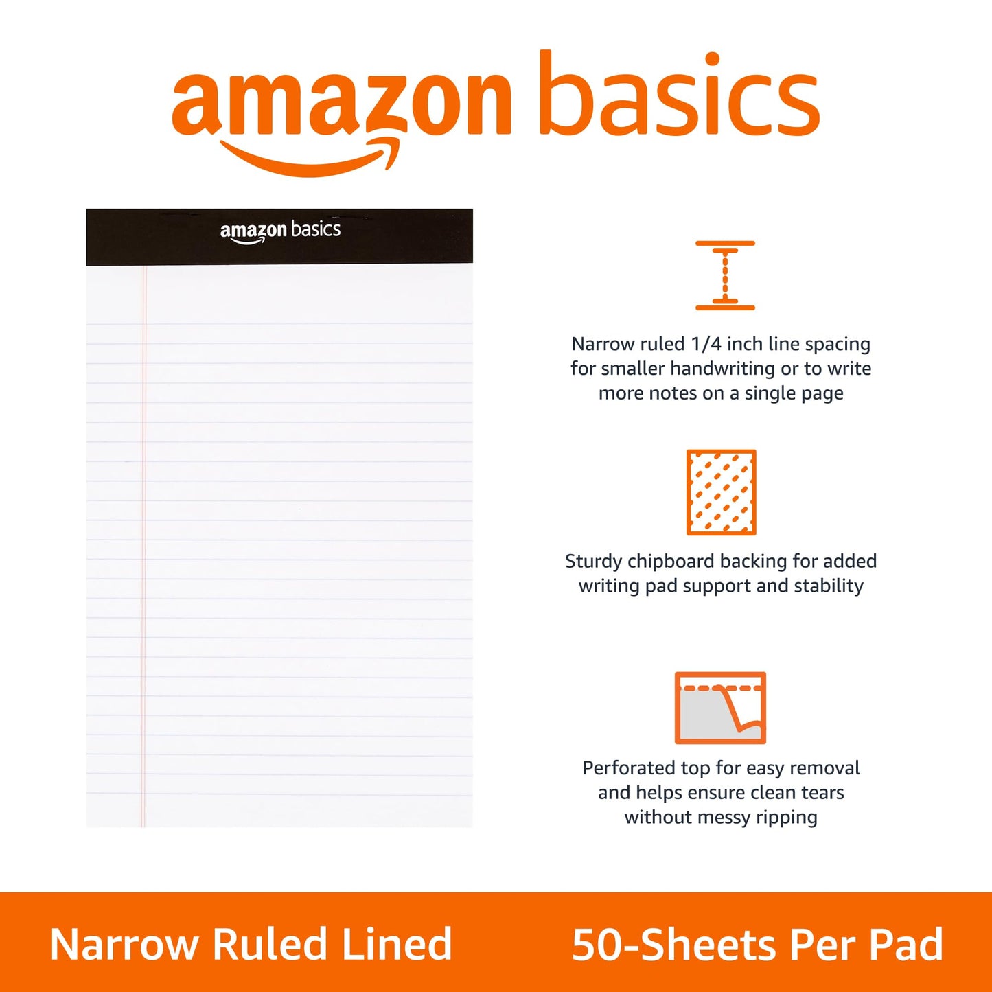 Amazon Basics Narrow Ruled 5 x 8 inch Writing Pad, 72 Count (6 Packs of 12), White