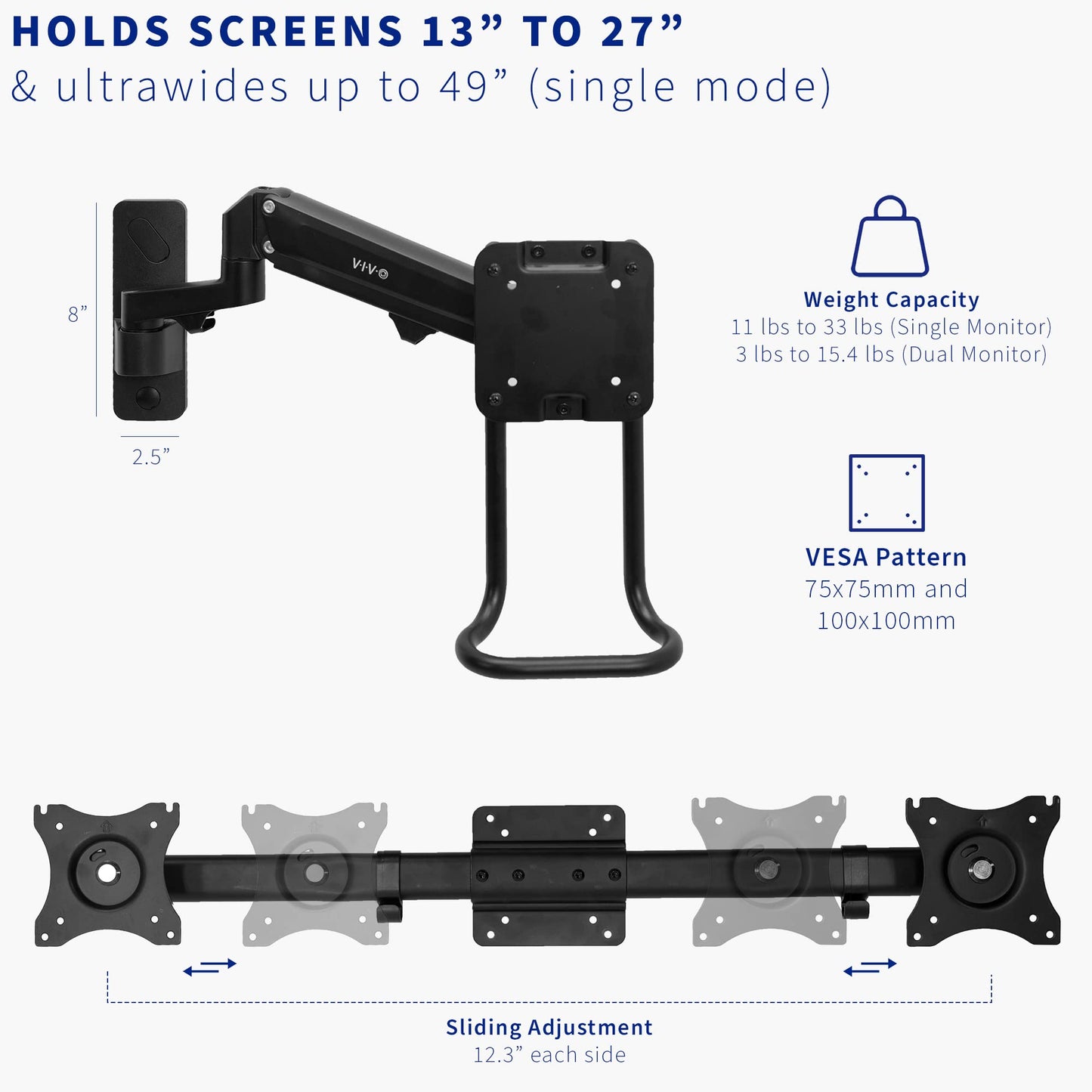 VIVO Premium Aluminum Single or Dual Monitor Pneumatic Arm Wall Mount for 2 Screens up to 27 inches or 1 Ultrawide up to 49 inches, Sliding VESA