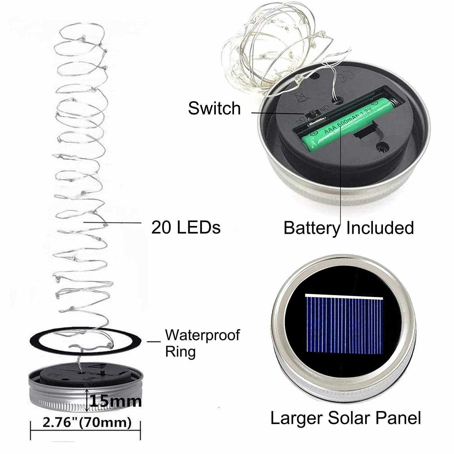 Decorman Solar Mason Jar Lid Lights, 6 Pack 20 LED Waterproof String Fairy Star Firefly Jar Lids Lights for Patio Garden Yard Lawn Party Wedding