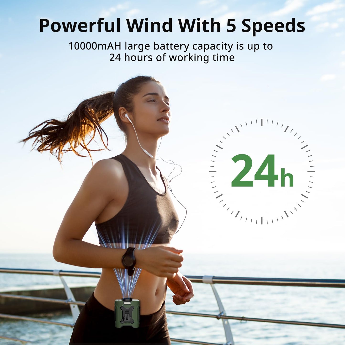 LOUISWARE Portable Waist Fan 10000mAh Belt Fan 18000RPM Clip Fan With Max 24H Working Time 5 Speeds adjustment with LED flashlight & Charging display