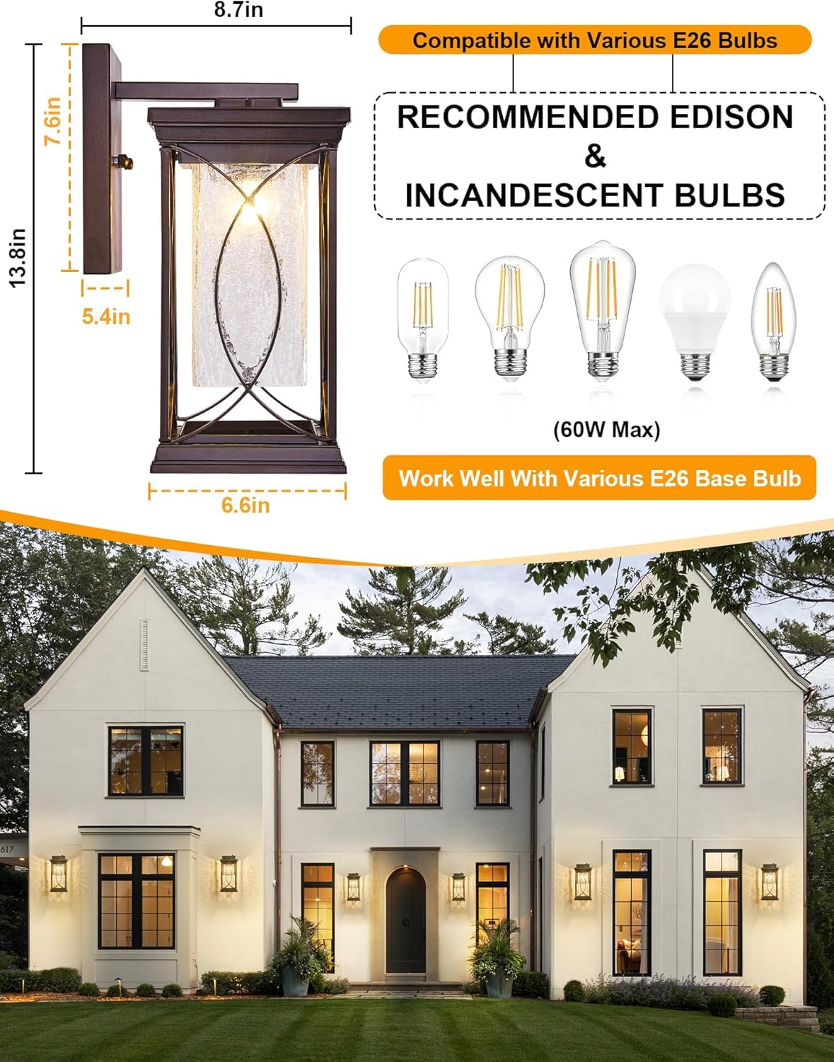Oil Rubbed Bronze Outdoor Sconce Dusk to Dawn Exterior Light Fixtures Wall Mount Porch Light Modern Outdoor Wall Light Aluminum with Crack-Like Glass