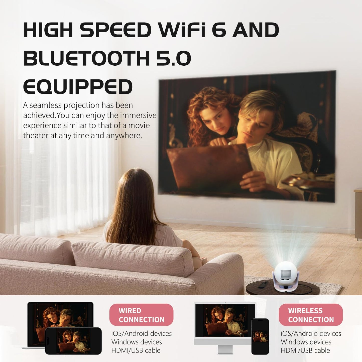 ?2026 Upgrade Version?Smart Portable Projector with WiFi 6 & Android TV, Spherical Movie Projector for Ceiling, 270° Rotating Gimbal Design, Bluetooth
