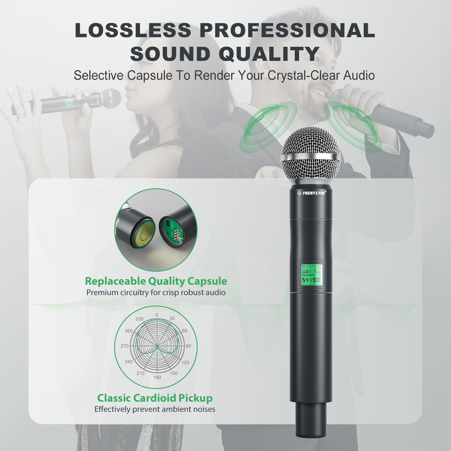 Phenyx Pro Wireless Microphone System, 4-Channel UHF Wireless Mic, Fixed Frequency Metal Cordless Mic with 4 Handheld Dynamic Microphones, 260ft