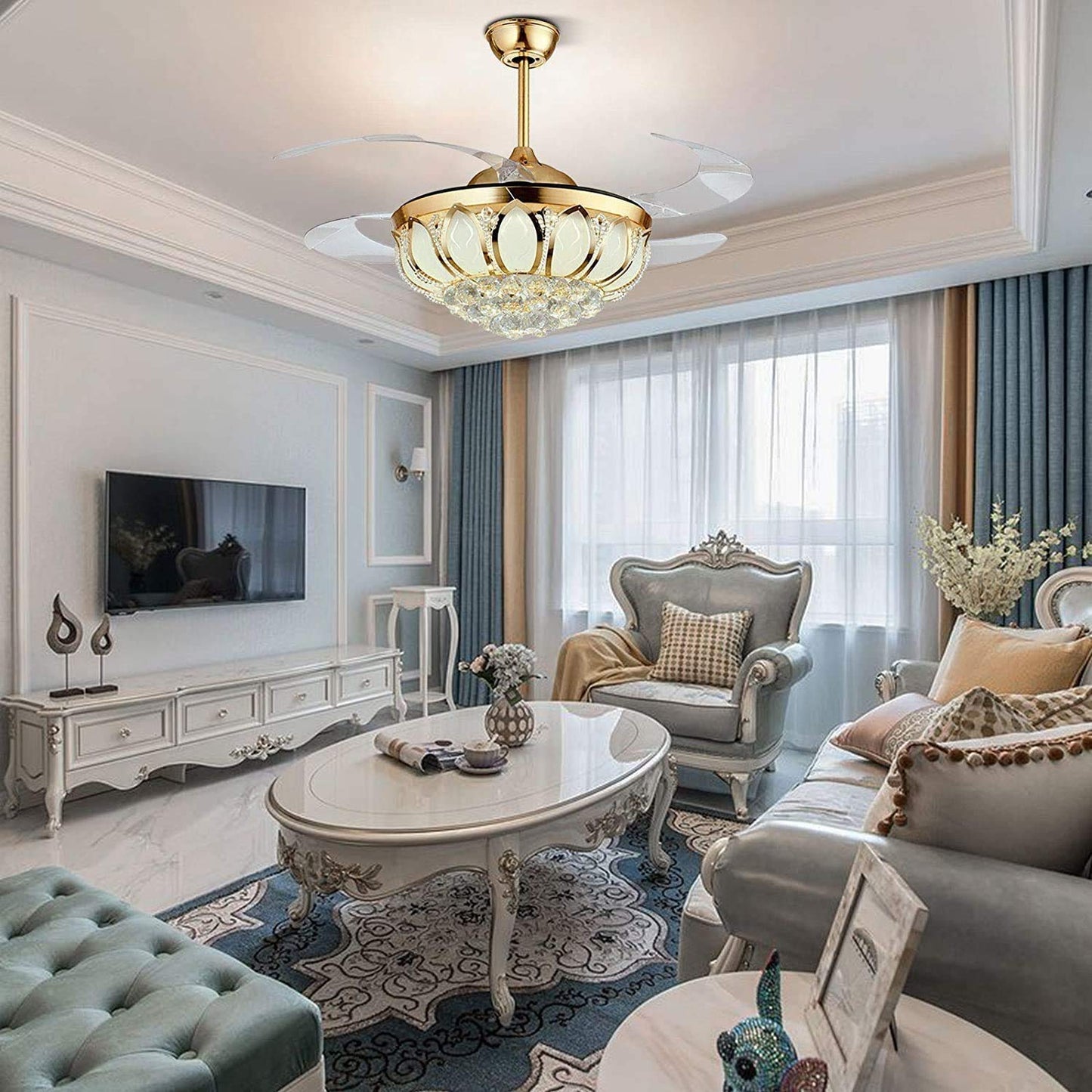 N/B 42 Inch Modern Gold Crystal Chandelier Fan with Retractable Blades Ceiling Fan with Light LED and Remote Control Indoor Fan Suitable for Dining