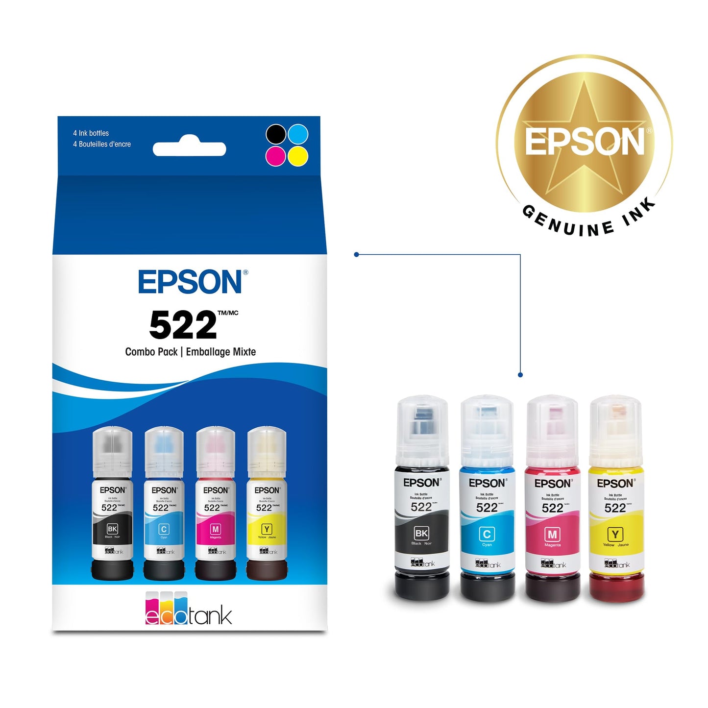 Epson 522 EcoTank Ink Ultra-high Capacity Bottle Black & Color Combo Pack (T522120-BCS) Works with ET-2720, 2800, 2803, 2840, 4700, 4800, 4810