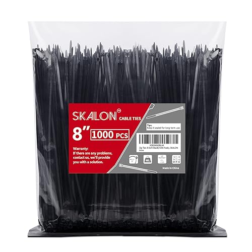 Zip Ties 8 inch (1000 Pack), 40lbs Tensile Strength, Black Cable Ties, Wire Ties for indoor and outdoor use, by Skalon