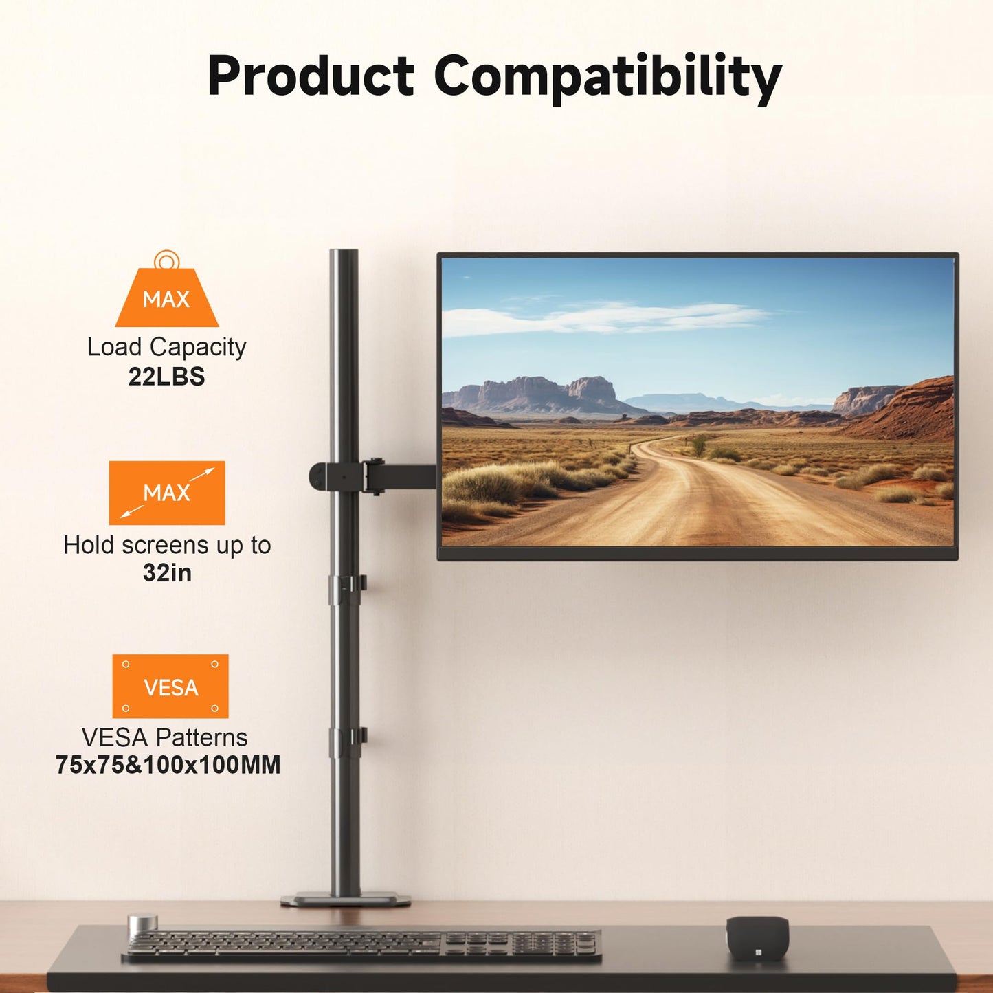 Bracwiser Single Fully Adjustable Standing Height Monitor Arm Stand Mount 800mm Tall for Monitor Computer Screen 13 15 17 19 20 22 23 24 26 27 30 32