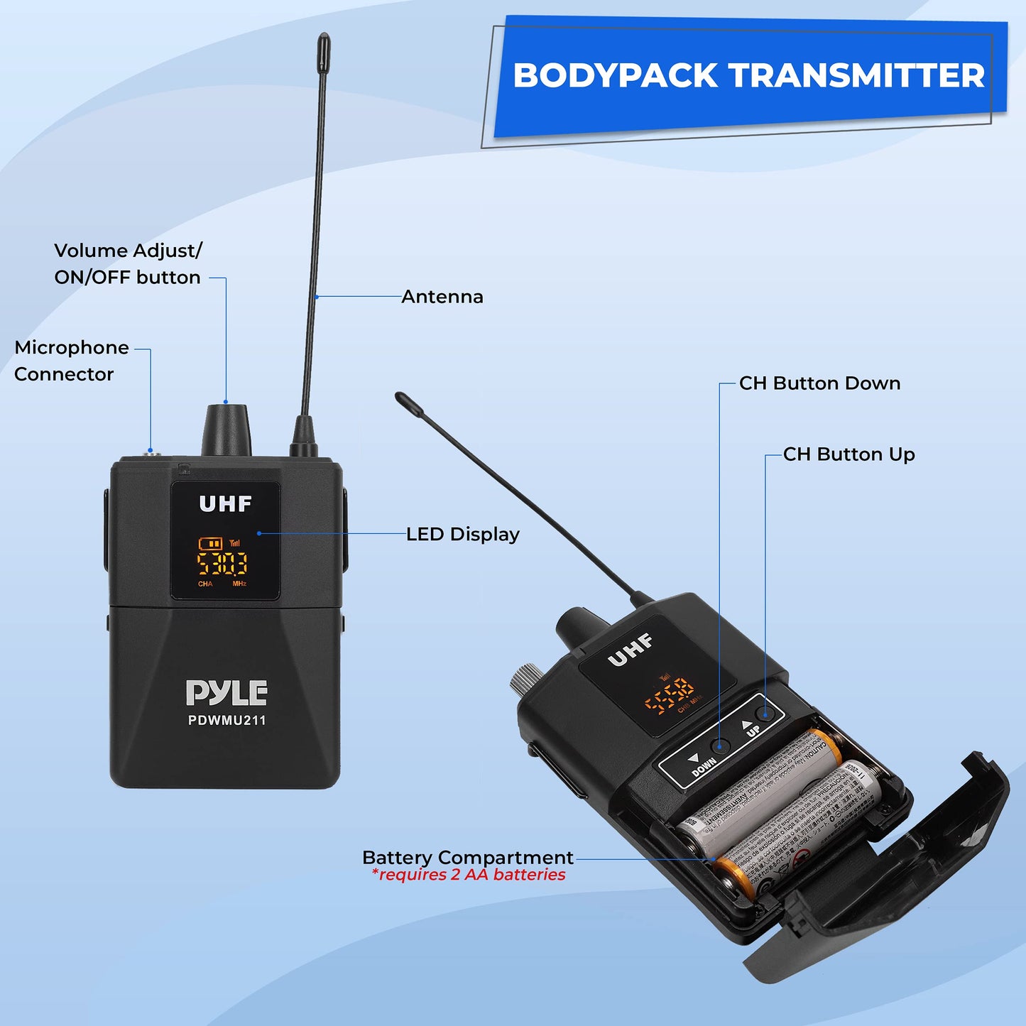 Pyle Dual UHF Microphone System - Portable Professional Cordless Microphone Set Wireless Mic Kit w/Headset / Lavalier Mic, Beltpack Transmitter
