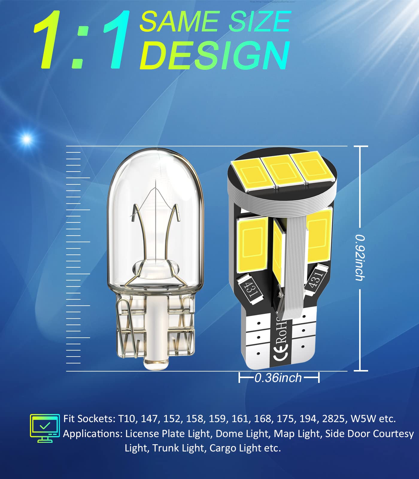 194 T10 168 W5W LED Bulb, Extremely Bright 12V 11SMD 5630 Chipset Bulb