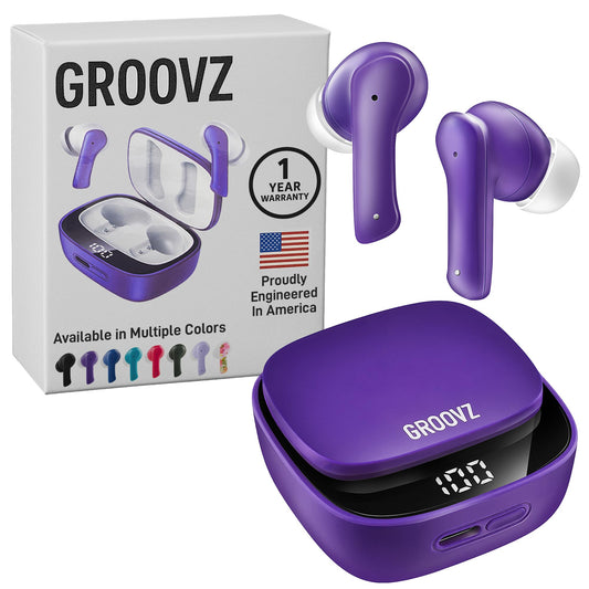 Groovz True Wireless Earbuds with Charging Case - Designed and Engineered in The USA - IPx4 Water Resistant Bluetooth Earbuds Compatible with Apple