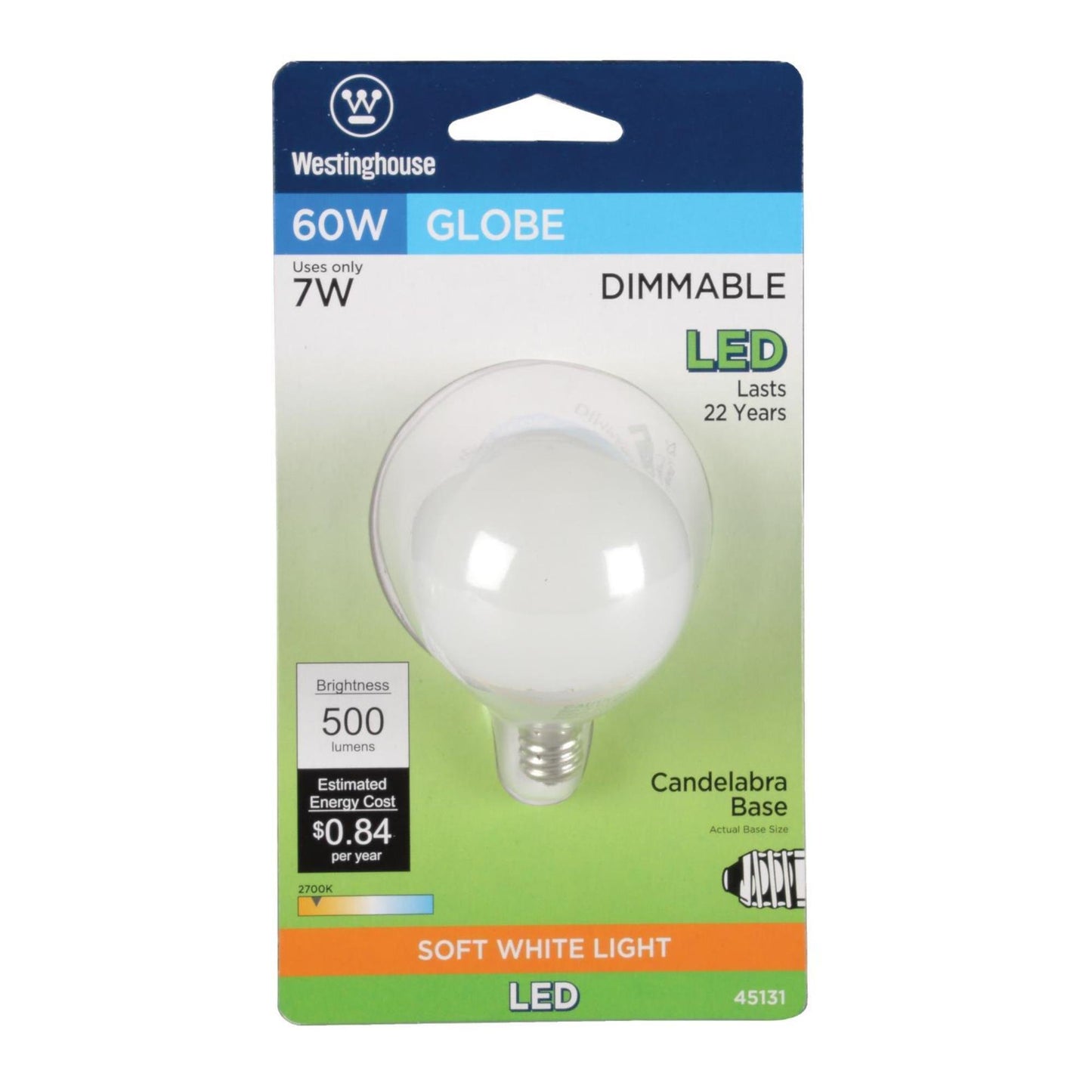 Westinghouse 4513120 60W Equivalent G16-1/2 Dimmable Soft White LED Light Bulb with Candelabra, Base Four Pack