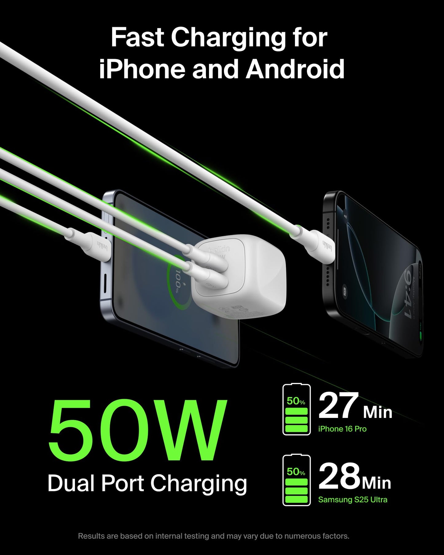 Belkin 2-Port USB C Charger Block 50W, Dual-Port GaN Charger w/ 2X USB C Ports & Included 1M C-C Cable, Fast Charging for MacBook, iPhone, iPad