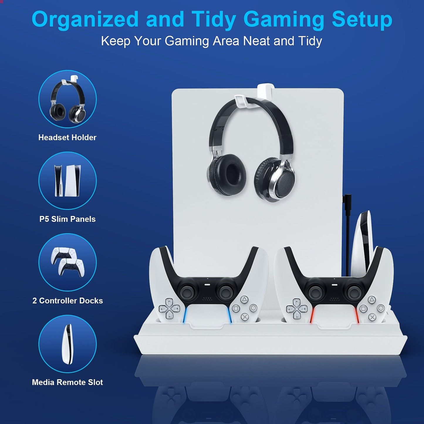 Paobas Cooling Station for PS5 with Dual Controller Charging Station, Stand for PS5 Slim Console, Headset Holder, 4 USB Hub & USB-C Port - All-in-One