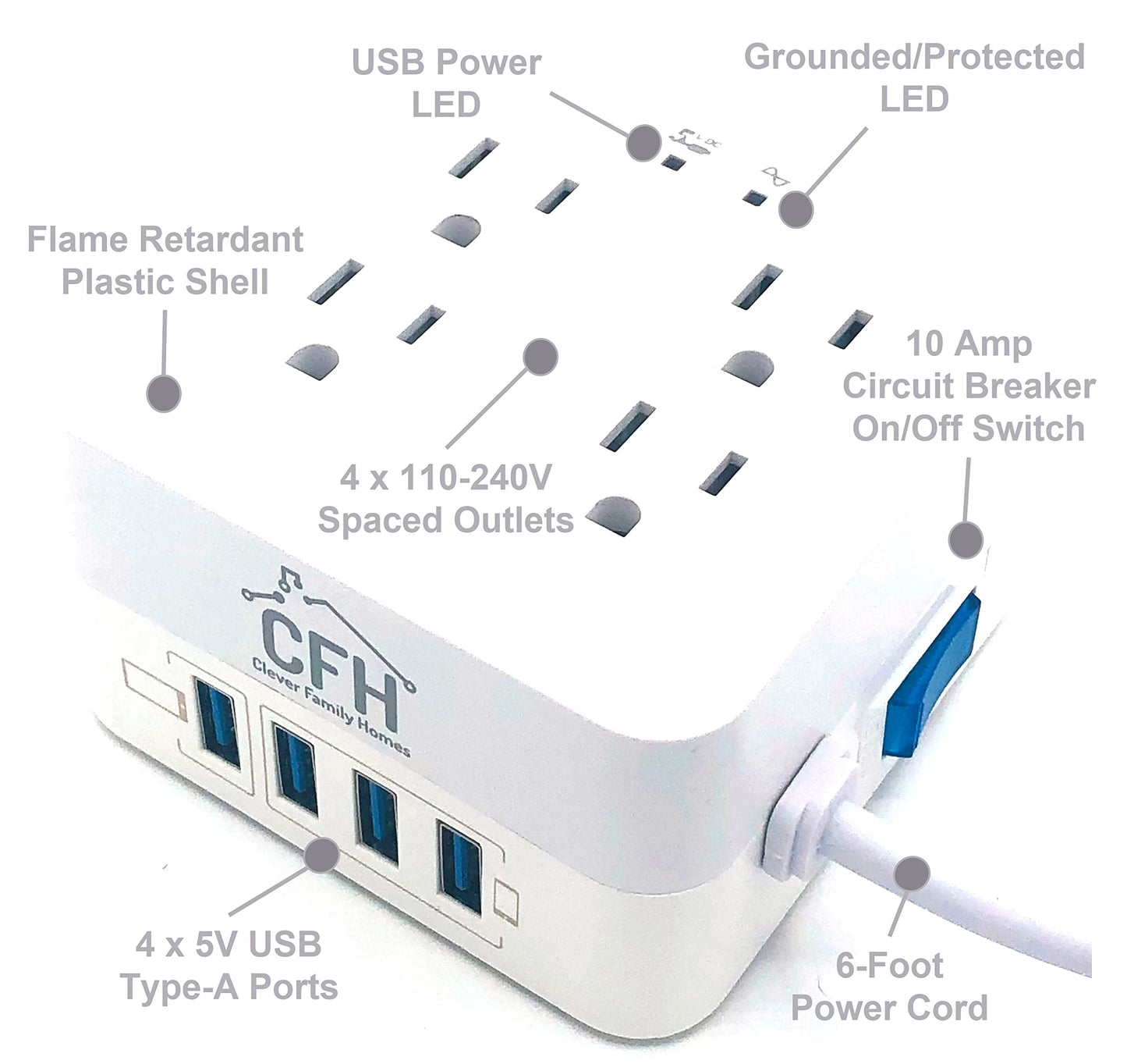4-Outlet 4-USB Fire Safe Surge Protector with Outlet Saver Power Cord and USB Charge Cables