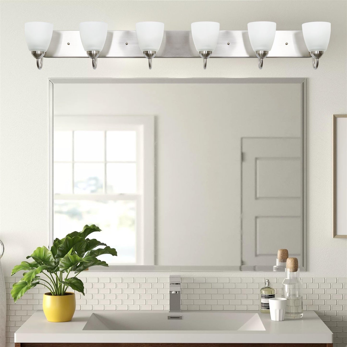 Kira Home Armada 49" 6-Light Modern Vanity Light with Frosted Glass Shades, Large Silver Bathroom Light with Opal Glass Cone Shades, Brushed Nickel