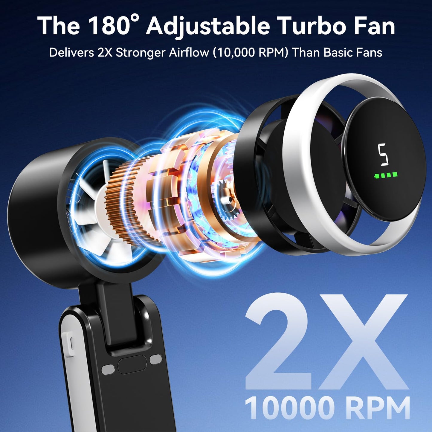 Azdedut Portable Fan, Mini Fan, Handheld Turbo Fan, Portable Rechargeable Fan, 5-Speed, LED Display, Foldable Design (Black)