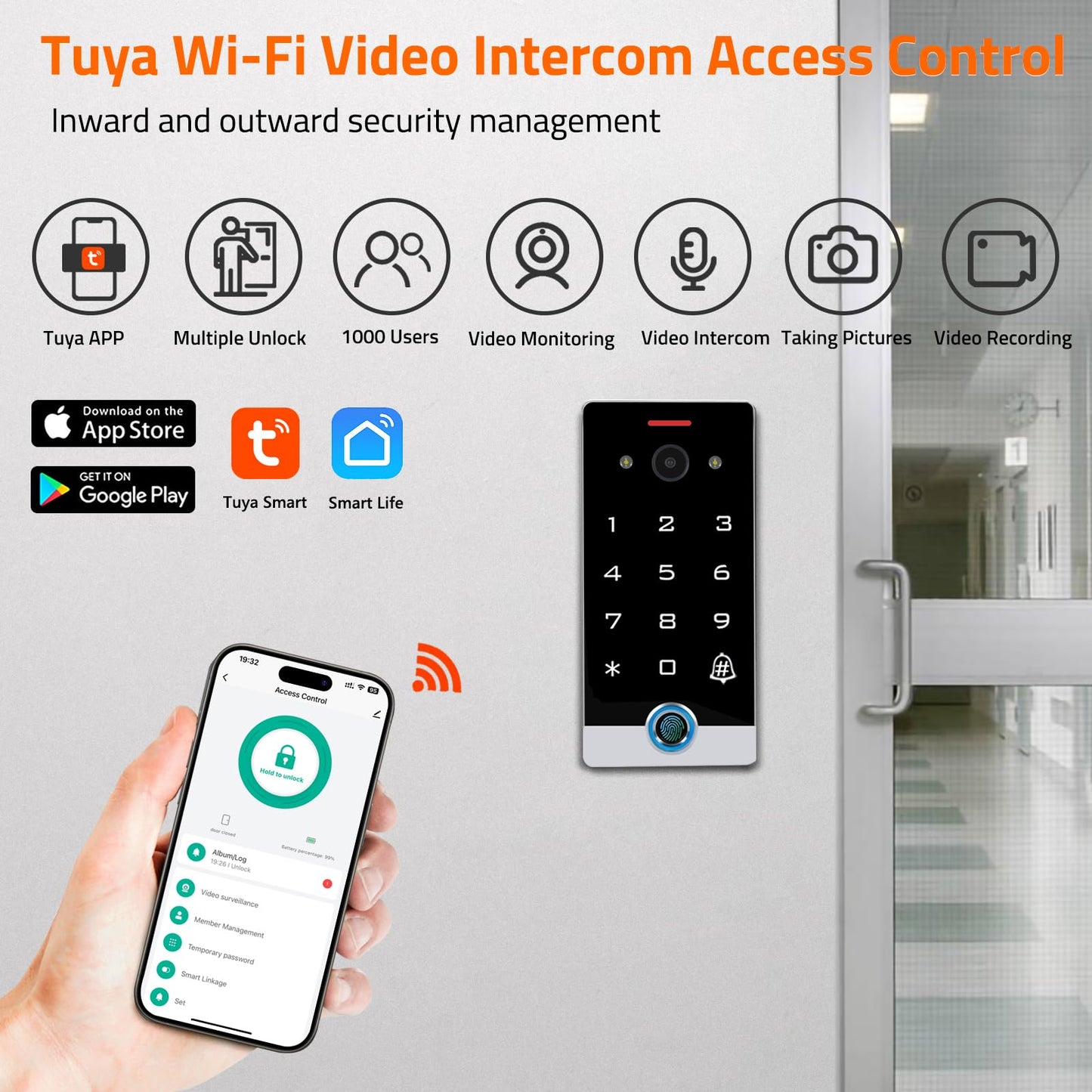 Smart WiFi Video Intercom & Doorbell Tuya Access Control System, All-Metal Fingerprint Keypad 1080P Night Vision Camera, Video Monitoring