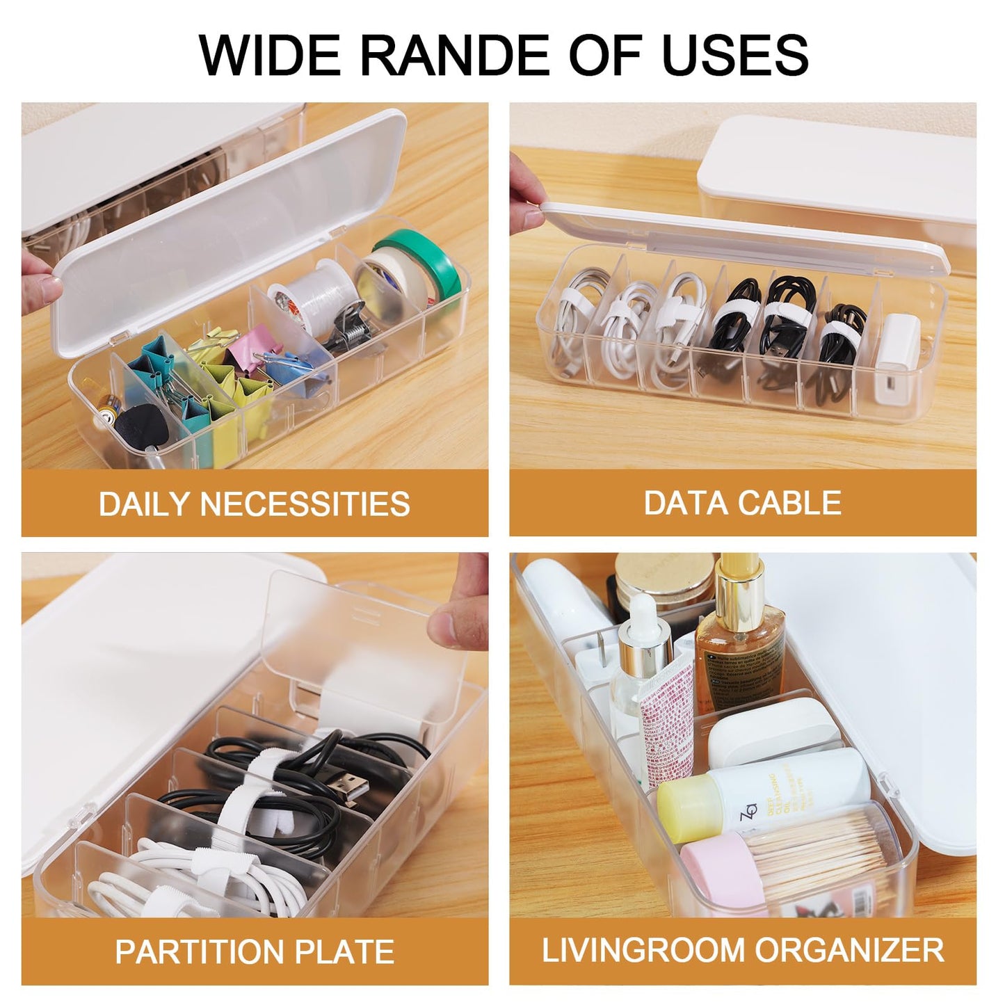 Asonen Cable Organizer Box with 14 Wire Ties and 6 Magnetic Cable Clips, Desktop Cord Management Box with Dividers and Lid for Home Office Storage