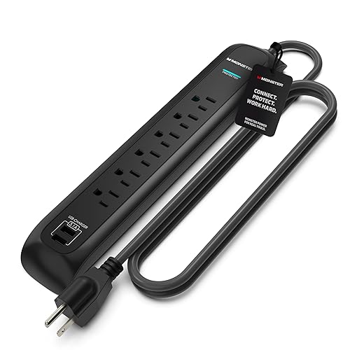 Monster Power Surge Protector w/ 1200 Joule Rating - Heavy Duty 6 FT Surge Protector Power Strip w/ 6 120V Outlets, 2 USB-A Ports - Fireproof MOV