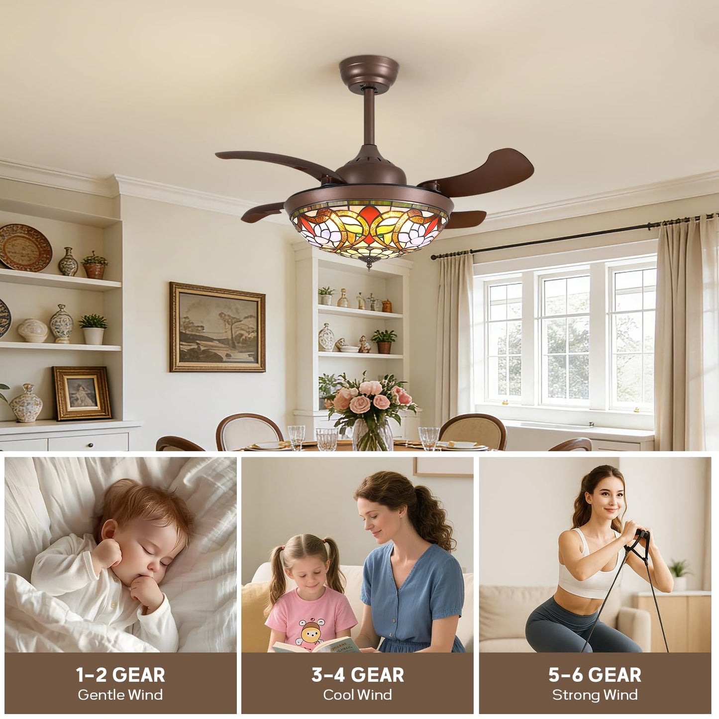 Siljoy 36 inch Tiffany Stained Glass Ceiling Fan,Retro Chandelier Fan with Glass Shade, Farmhouse Invisible Retractable Ceiling Fan with Lights
