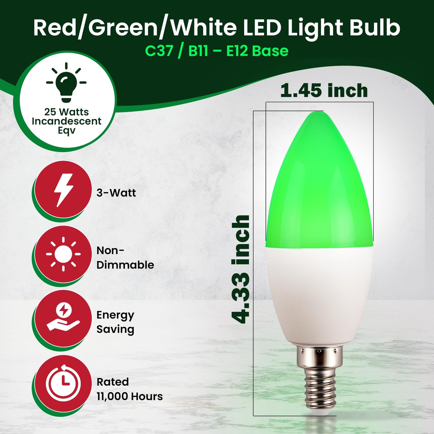 Tupkee LED Automatic Color Changing Bulb - Automatically Cycles Between Red/Green/White Every 5 Seconds - C37/B11 Candle Bulb, E12 Base, 3W Christmas