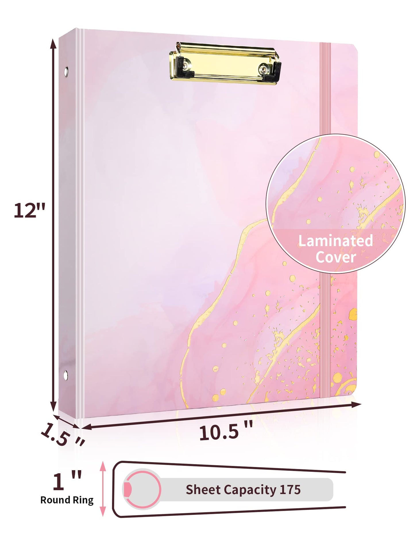 SUNEE 1 Inch Binder with Dividers, Pink Binder with Clipboard, Three Ring Binder Organizer, 5 Tabs, 18 Labels and 2 Pockets, Letter Size for School