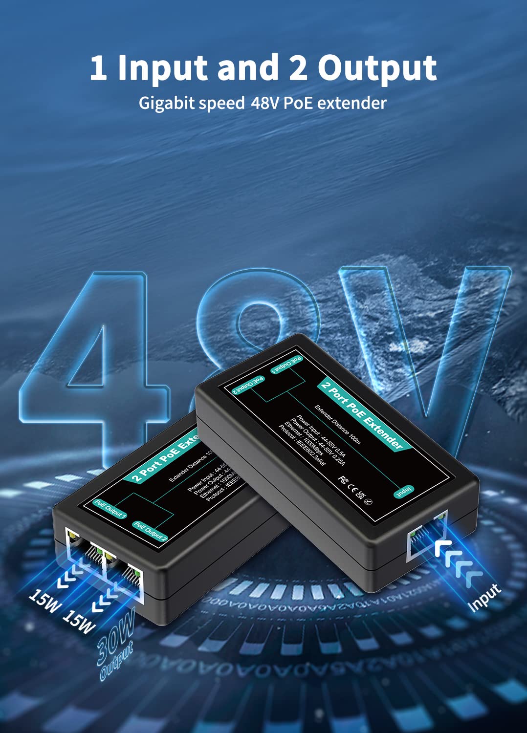 1 in 2 Out Gigabit PoE Extender, NICGIGA 2 Port PoE Repeater 100 Meters(328 ft),IEEE 802.3af/at Power Over Ethernet PoE Splitter to 2 PoE Devices Like