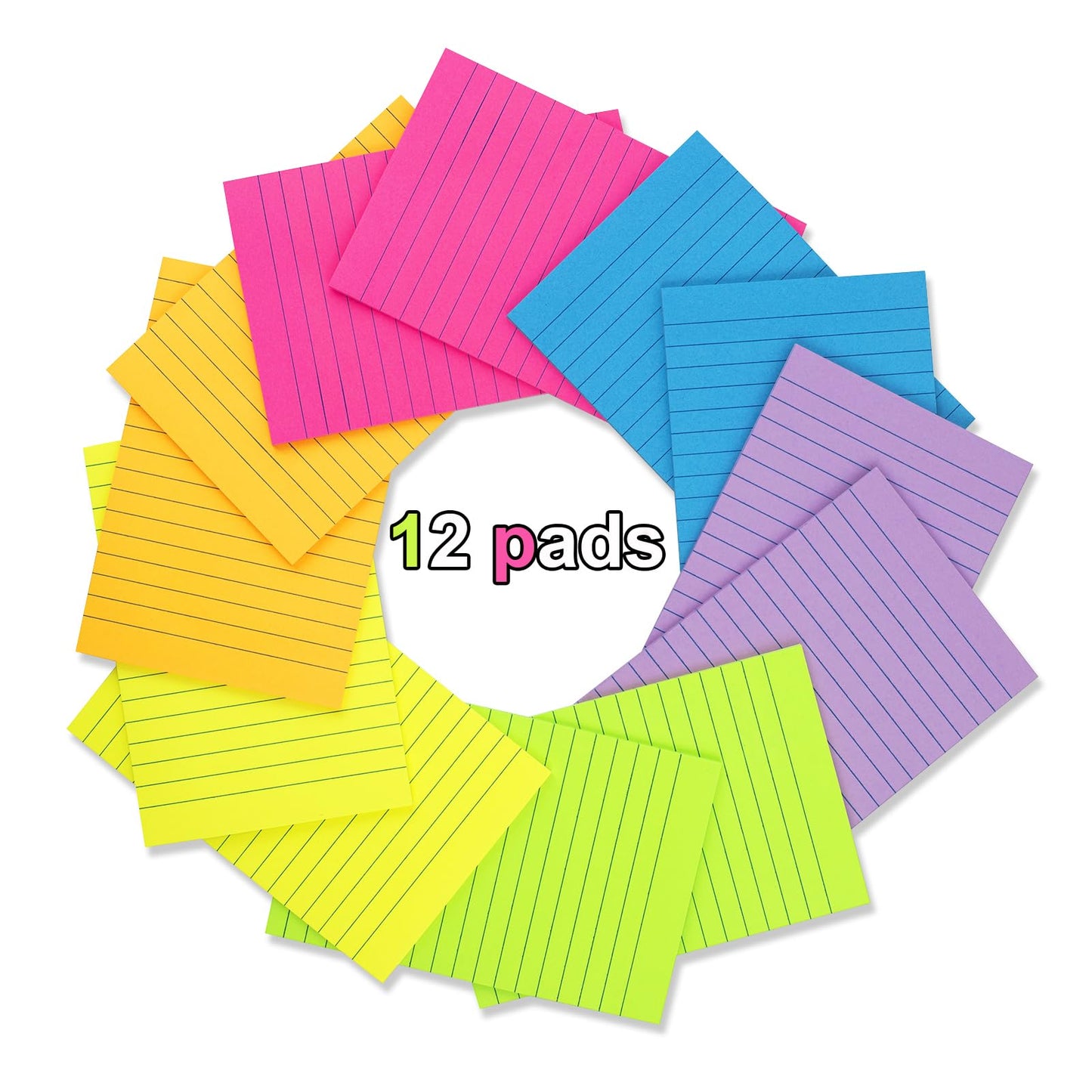 (12 Pack) Lined Sticky Notes 4x6 in,Bright Large Notepads with Lines