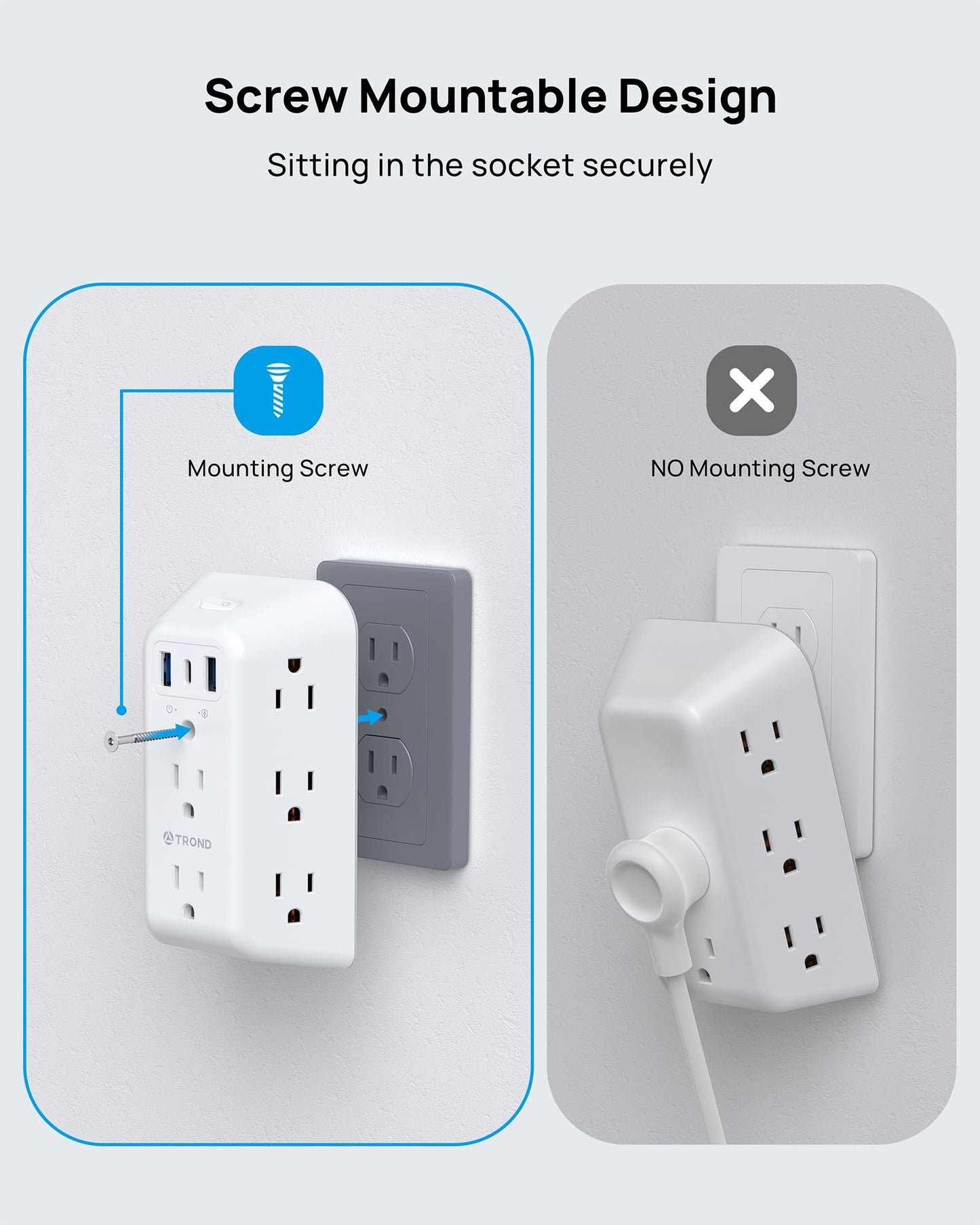 TROND Surge Protector Outlet Extender, 8 AC Plug Splitter with 3 USB Ports, Multi Plug Wall Outlet with ON/Off Switch, 1440J Widely Spaced USB Wall