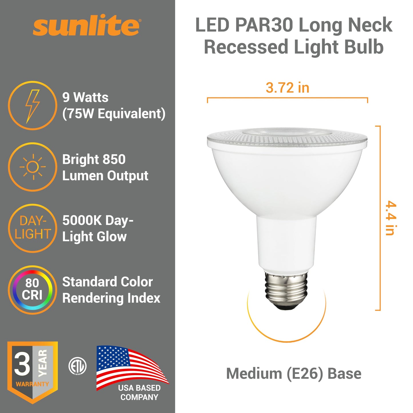 Sunlite LED PAR30 Long Neck Recessed Light Bulb, 9 Watt, (75W EQ), 850 Lm, Medium E26 Base, Dimmable, ETL Listed, 35 Degrees Beam Angle, 5000K