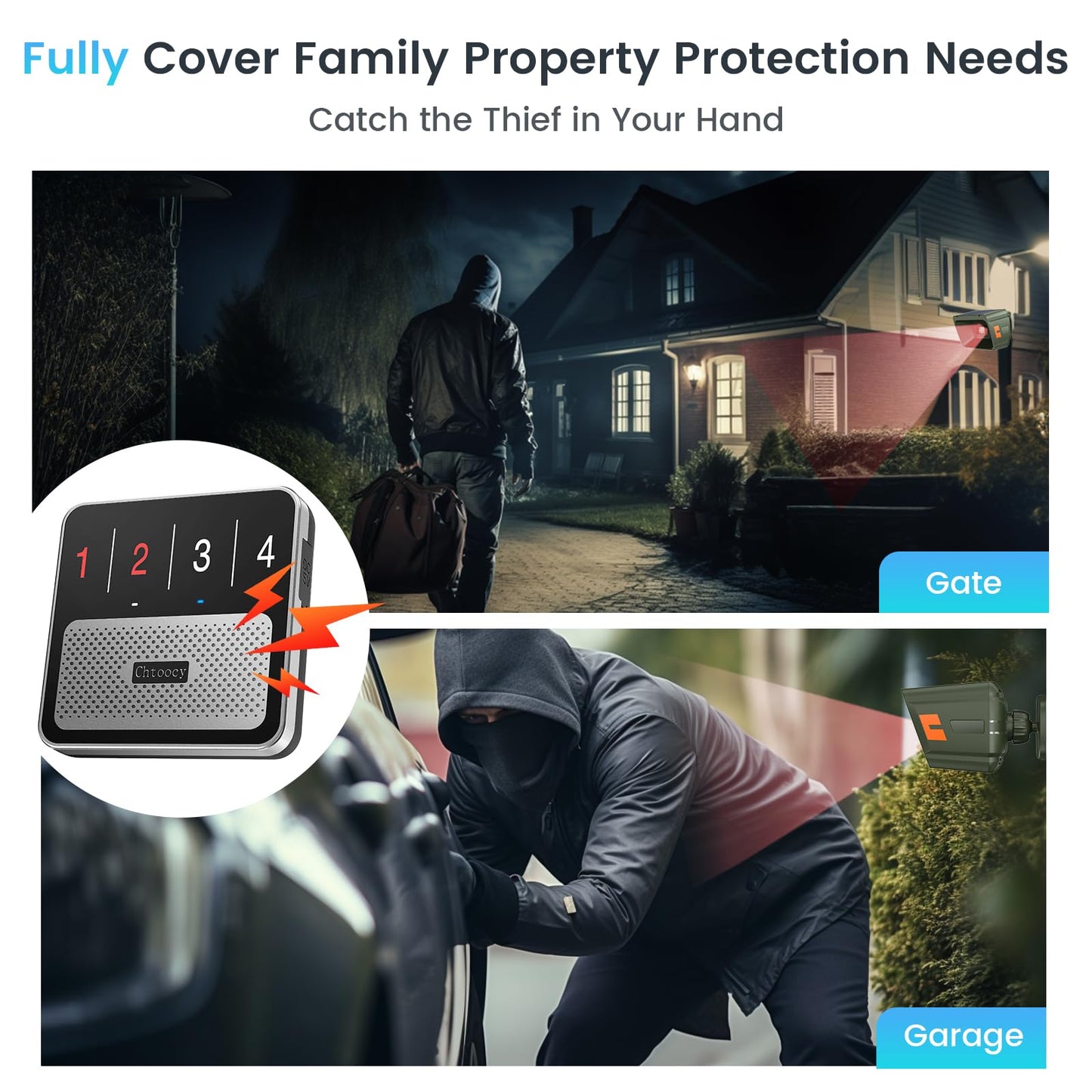 Chtoocy Solar Driveway Alarm Wireless Outdoor 1/2 Mile Range - Customizable Alarm Tones Weatherproof for Driveway Gate, 3 Sensitivity Motion Sensor
