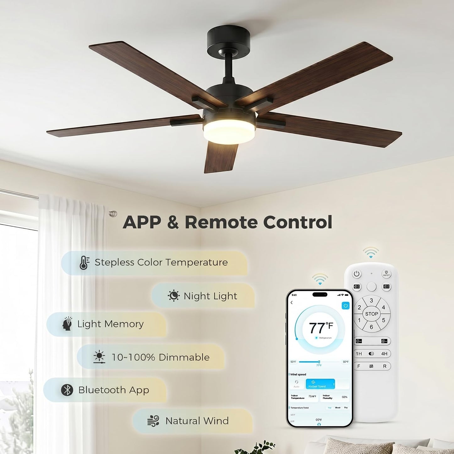 Obabala Ceiling Fan with Light 52 Inch, DC Motor Ceiling Fan with Remote and APP Control, Dimmable LED Color Changing, Reversible Quiet Fan