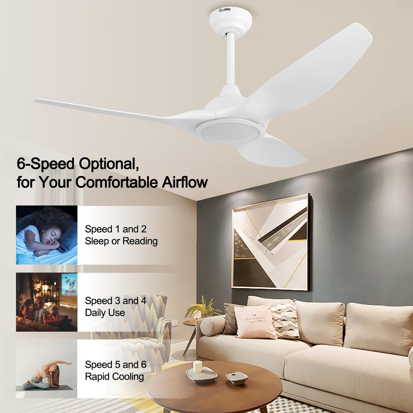 52 Inch 3 Blade Modern White Ceiling Fan with Light Remote Control