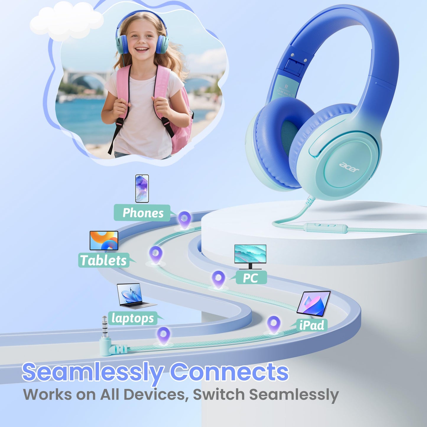 Acer Kids Headphones for School, 85-94dB Limiter, 3.5mm Jack, w/Mic HK03