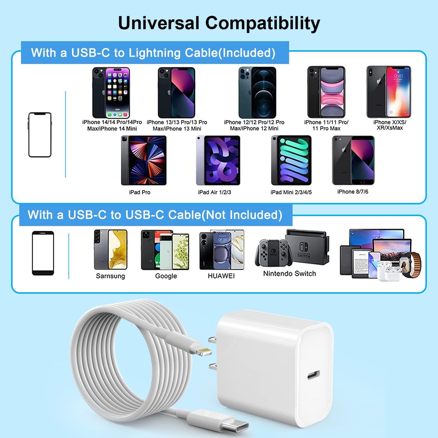 Fast iPhone Charger, Quick 10Foot USBC Wall Charger Phone Charge 2Pack PD USB C Fast Charge Block + Long 10FT Lightning Fast Charging Cable…