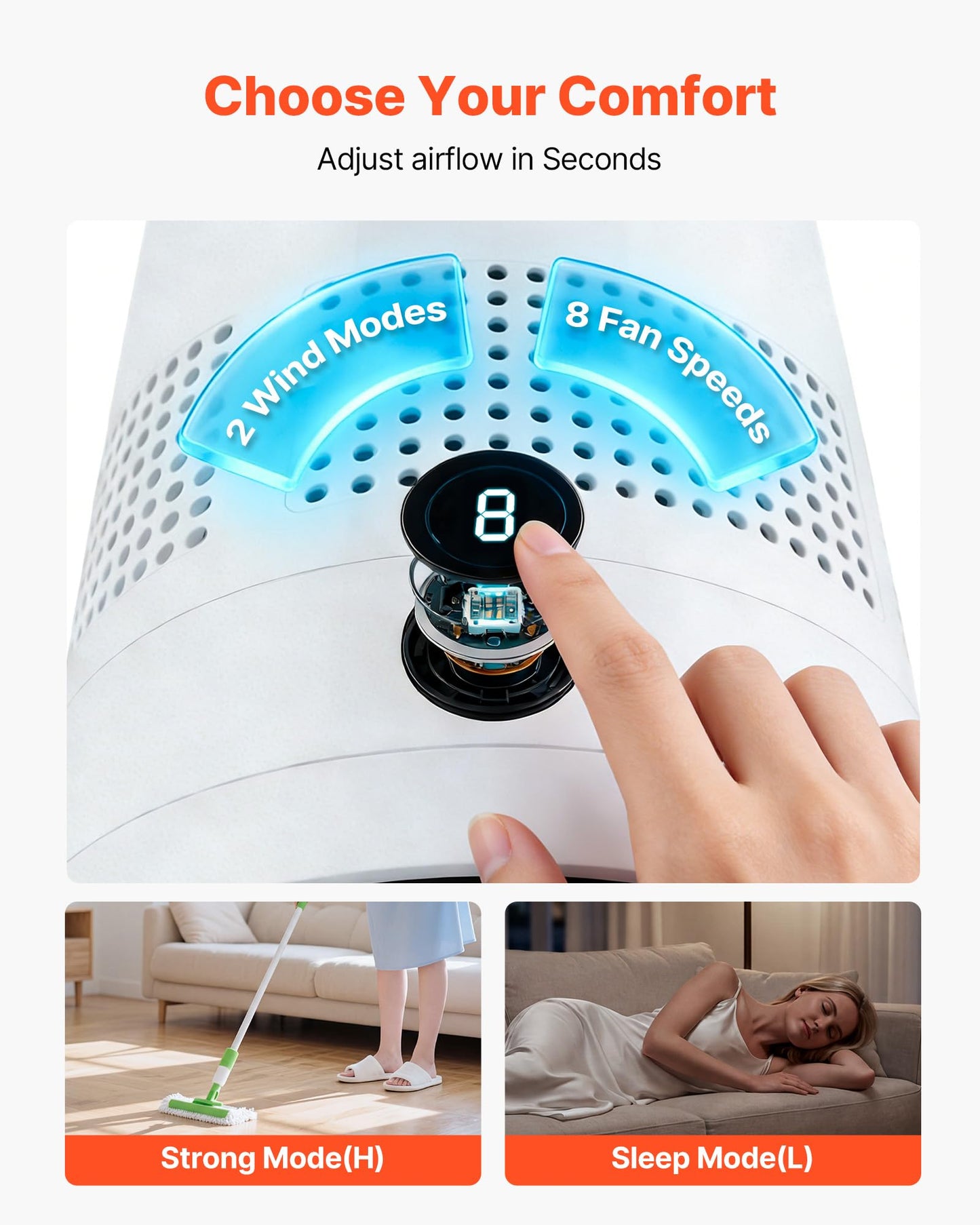 VEVOR Bladeless Tower Fan, 80° Oscillating Standing Fan, 8 Speeds & 9-Hour Timer, 15.42 ft High Velocity Floor Air Circulator, Powerful Airflow